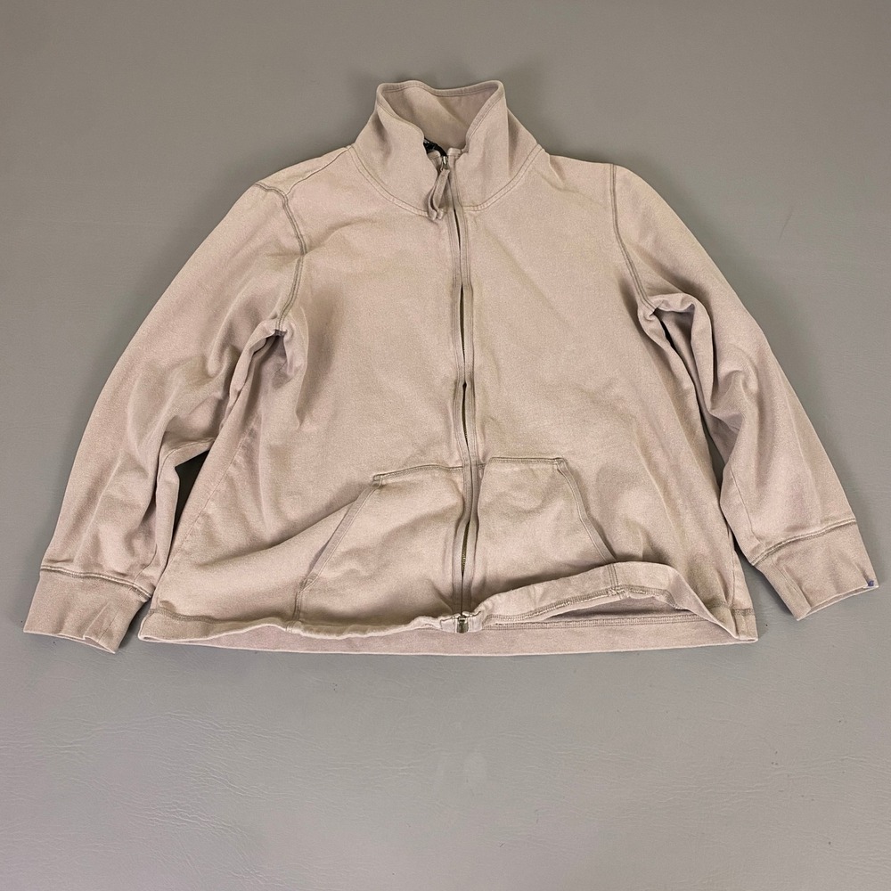 Eileen Fisher Sweatshirt Jacket Women's Large‎ Beige Cotton Zip Mock Neck Flaw*